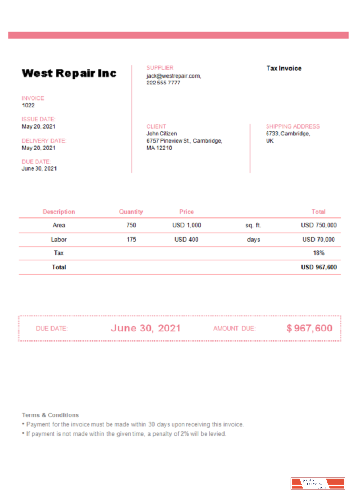 United Kingdom West Repair Inc invoice PSD template